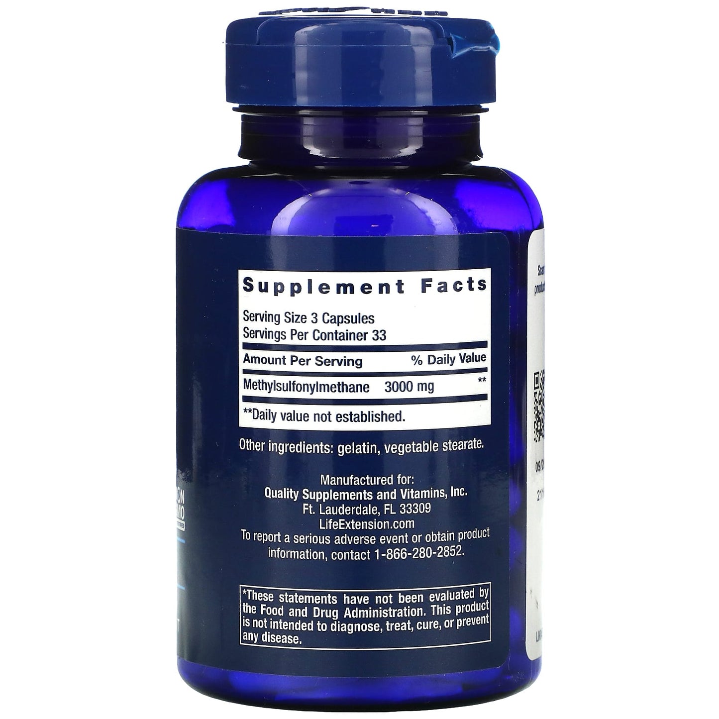 Life Extension, MSM, 1,000 mg, 100 Capsules UPC 737870451105 | HiLife Vitamins