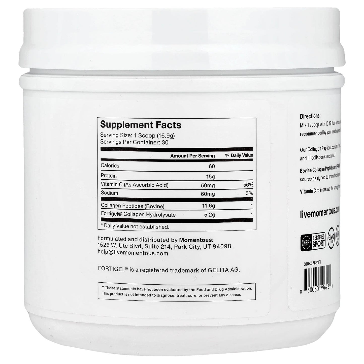 Momentous, Collagen Peptides, 1.12lb (507g) UPC 850030796226 | Hilife Vitamins