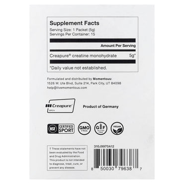 Momentous, Creatine, 15 Packets, 0.18 oz (5 g) Each UPC 850030796387 | Hilife Vitamins