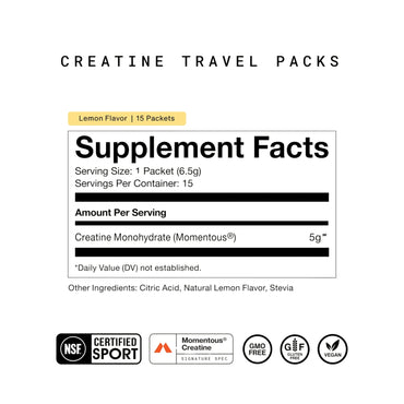 Momentous, Creatine, Lemon Flavor, 15 Packets, 0.22 oz (6.5 g) Each UPC 850030796899 | Hilife Vitamins