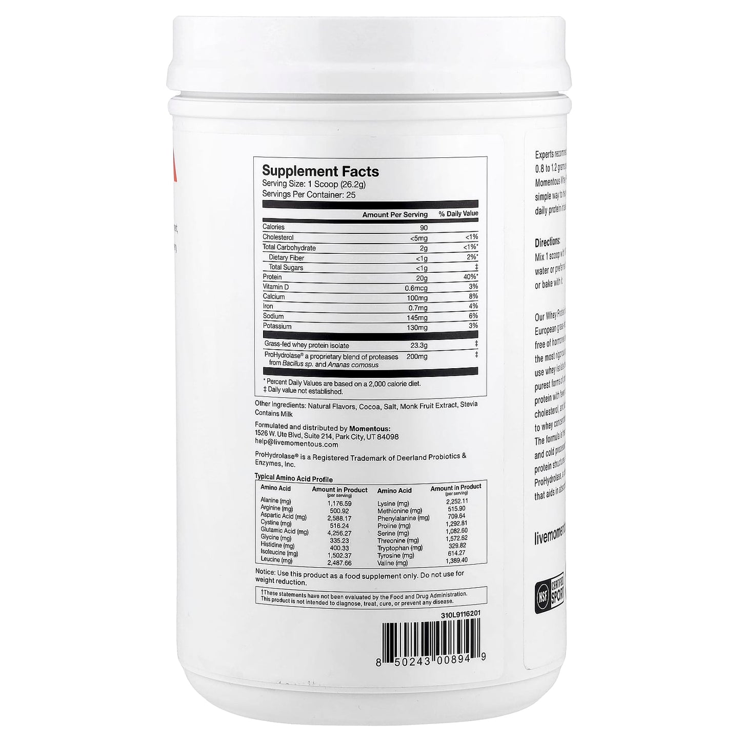 Momentous, Whey Protein Isolate, Chocolate Flavor, 1.44lb (655g) UPC 850243008949 | Hilife Vitamins