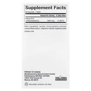 Natural Factors, B12, Methylcobalamin, 1,000 mcg, 90 Chewables UPC 068958012421 | Hilife Vitamins