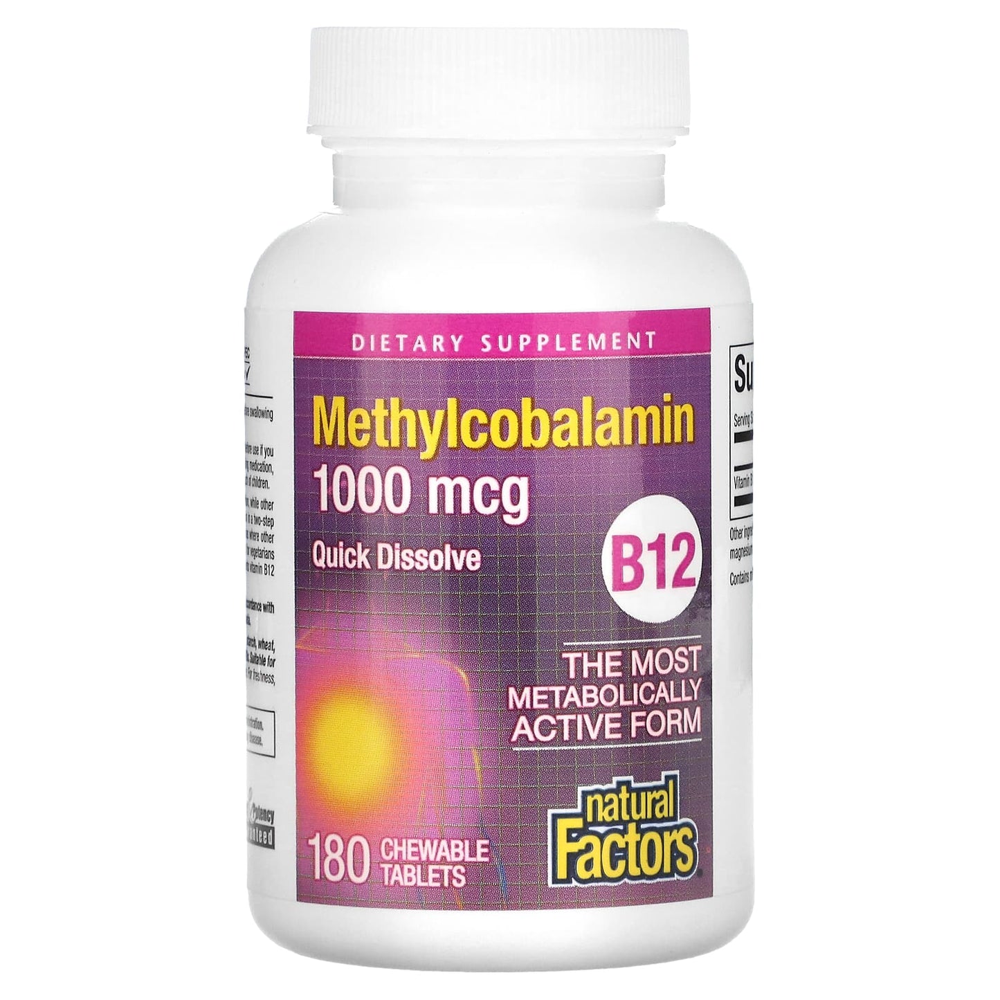 Natural Factors, B12, Methylcobalamin, 1,000 mcg, 180 Chewable Tablets UPC 068958012438 | Hilife Vitamins