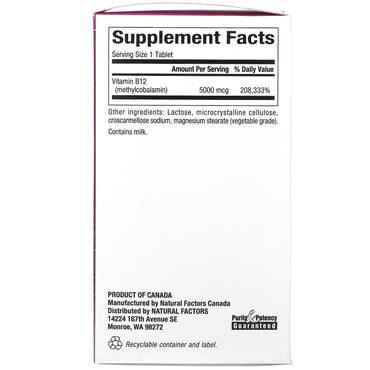 Natural Factors, B12, Methylcobalamin, 5,000 mcg, 60 Chewables UPC 068958012476 | Hilife Vitamins