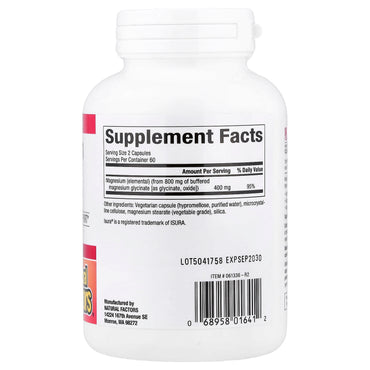 Natural Factors, Magnesium Glycinate , 200 mg, 120 Vegetarian Capsules UPC 068958016412 | Hilife Vitamins