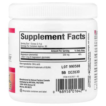 Natural Factors, Magnesium Pure Glycinate, 4.23 oz (120 g) UPC 068958016429 | Hilife Vitamins
