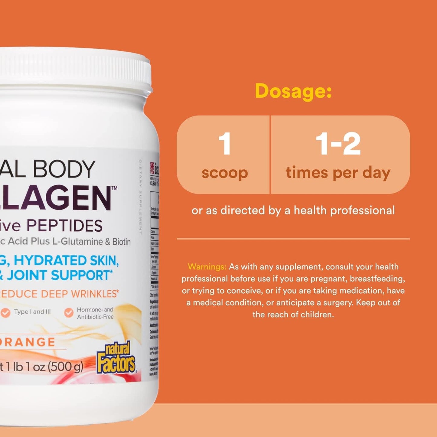Natural Factors, Total Body Collagen™, Bioactive Peptides, Orange, 500 Grams UPC 068958026312 | Hilife Vitamins