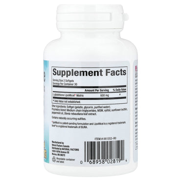 Natural Factors, Glutathione LipoMicel Matrix, 300 mg, 60 Softgels UPC 068958028194 | Hilife Vitamins