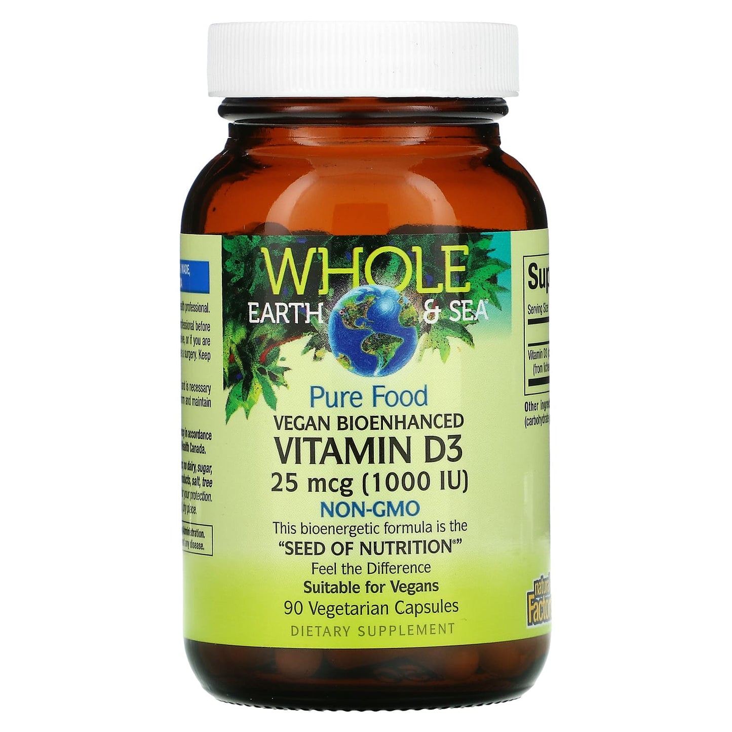 Natural Factors, Whole Earth & Sea, Vegan Bioenhanced Vitamin D3 1,000 IU, 90 Vegetarian Capsules UPC 068958355122