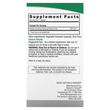 Nature’s Answer, Ginseng Root Korean 500 mg, 50 Capsules UPC 083000162343 | Hilife Vitamins