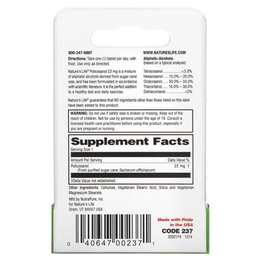 Nature’s Life, Policosanol, 23 mg, 60 Mini Tablets UPC 040647002371 | HiLife Vitamins