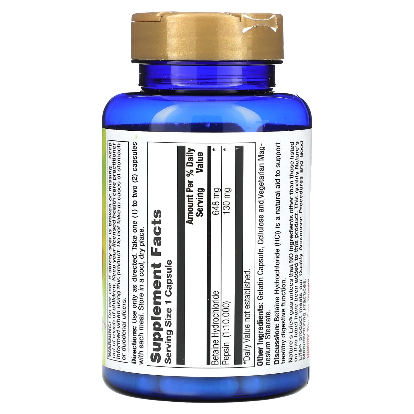 Nature’s Life, Betaine Hcl 648 mg, 100 Capsules UPC 040647004092 | HiLife Vitamins