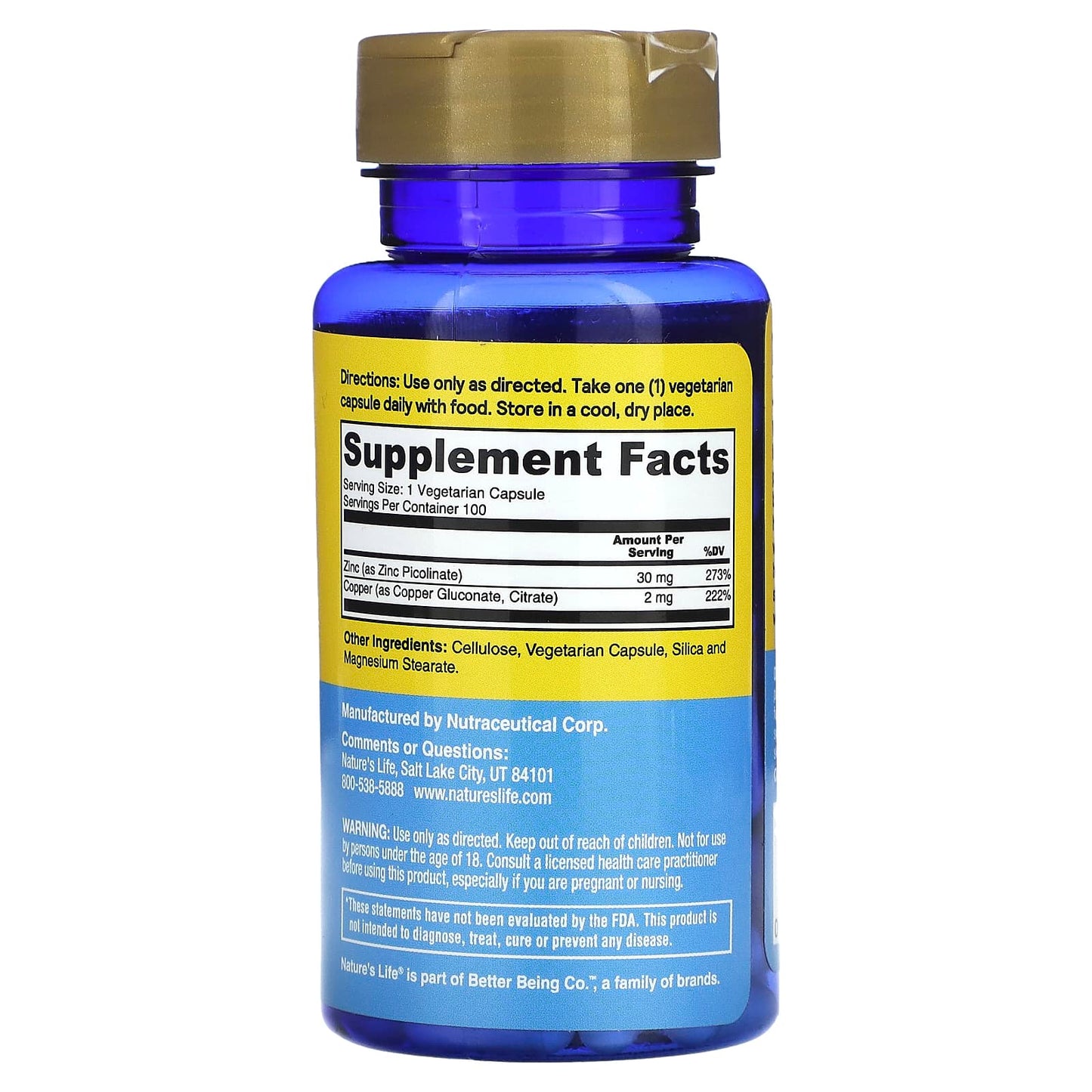 Nature’s Life, Zinc Picolinate 30mg, 100 Capsules UPC 040647004351 | HiLife Vitamins