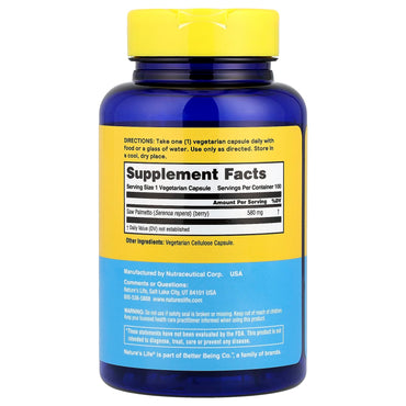 Nature’s Life, Saw Palmetto 580 mg, 100 Vegetarian Capsules UPC 040647006850 | HiLife Vitamins