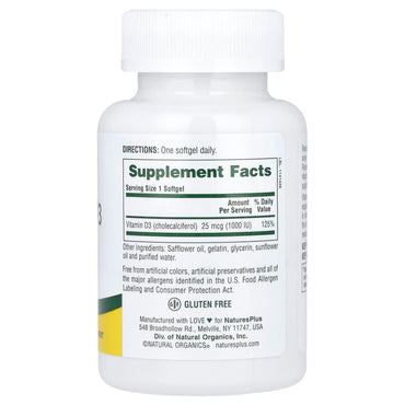 Nature’s Plus, Vitamin D3, 25 mcg (1,000 IU), 180 Softgels UPC 097467010420 | HiLife Vitamins