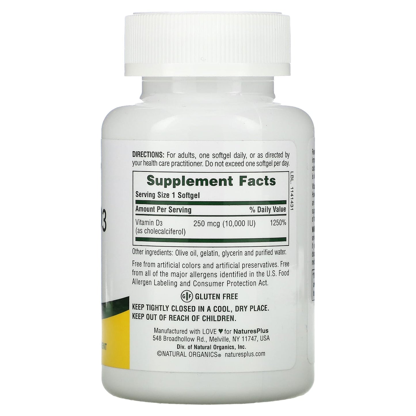Nature's Plus, Vitamin D3, 10,000 IU (250 mcg), 60 Softgels UPC 097467010482 | HiLife Vitamins