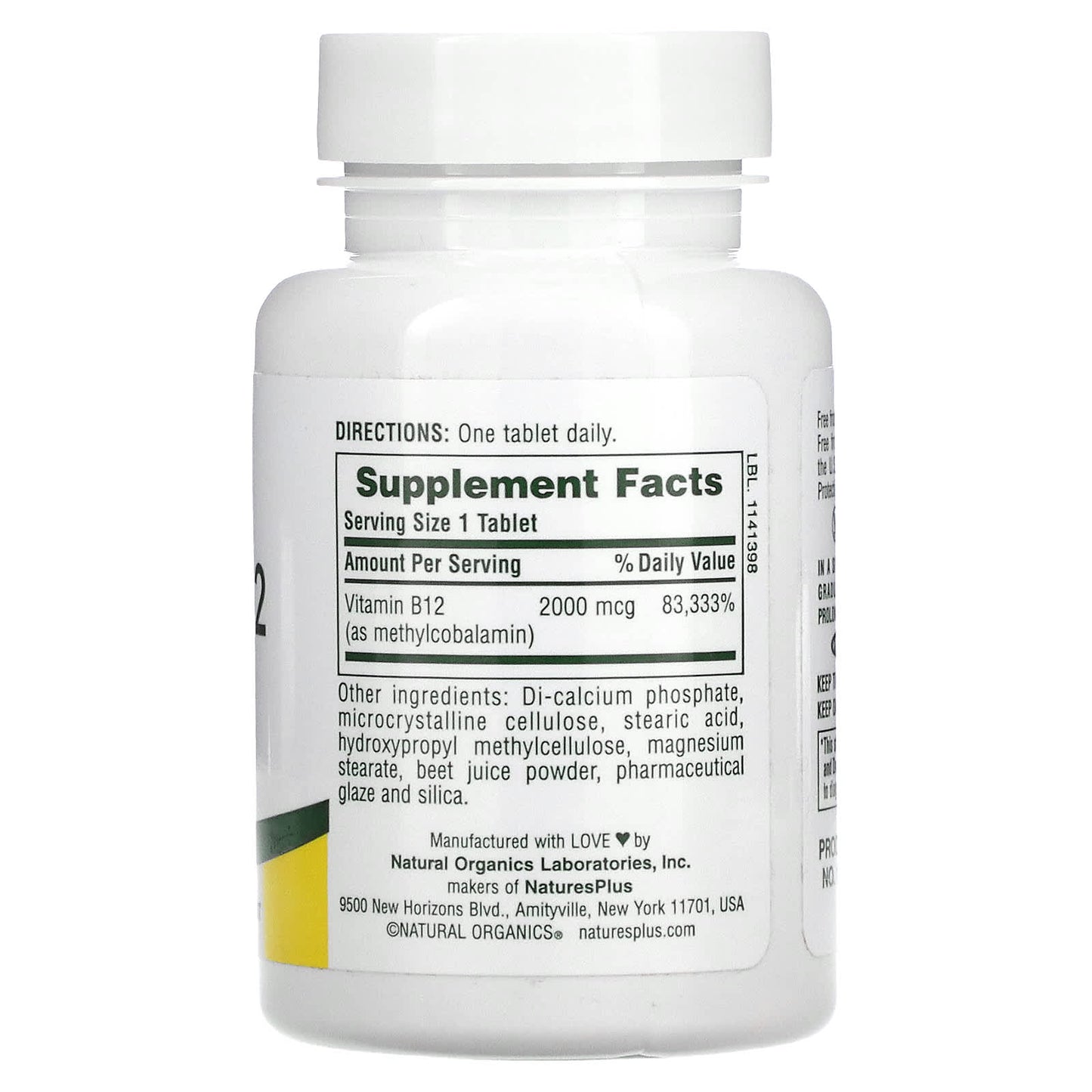 Nature's Plus, Sustained Release, Vitamin B12, 2000 mcg, 60 Tablets UPC 097467017306 | Hilife Vitamins