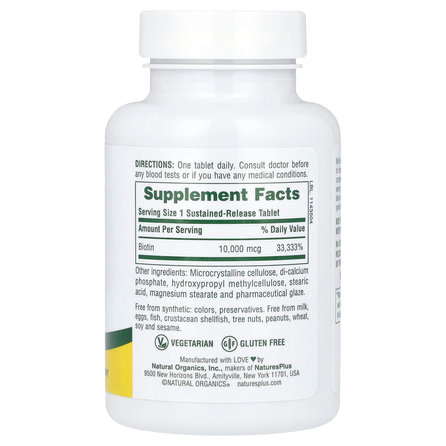 Nature's Plus, Biotin, Sustained Release, 10,000 mcg, 90 Tablets UPC 097467017931 | Hilife Vitamins