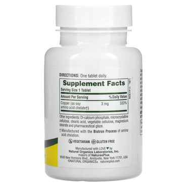 Nature's Plus, Copper, 3 mg, 90 Tablets UPC 097467034303 | Hilife Vitamins