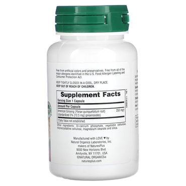 Nature's Plus, American Ginseng 250 mg, 60 Vegetarian Capsules UPC 097467071001 | Hilife Vitamins