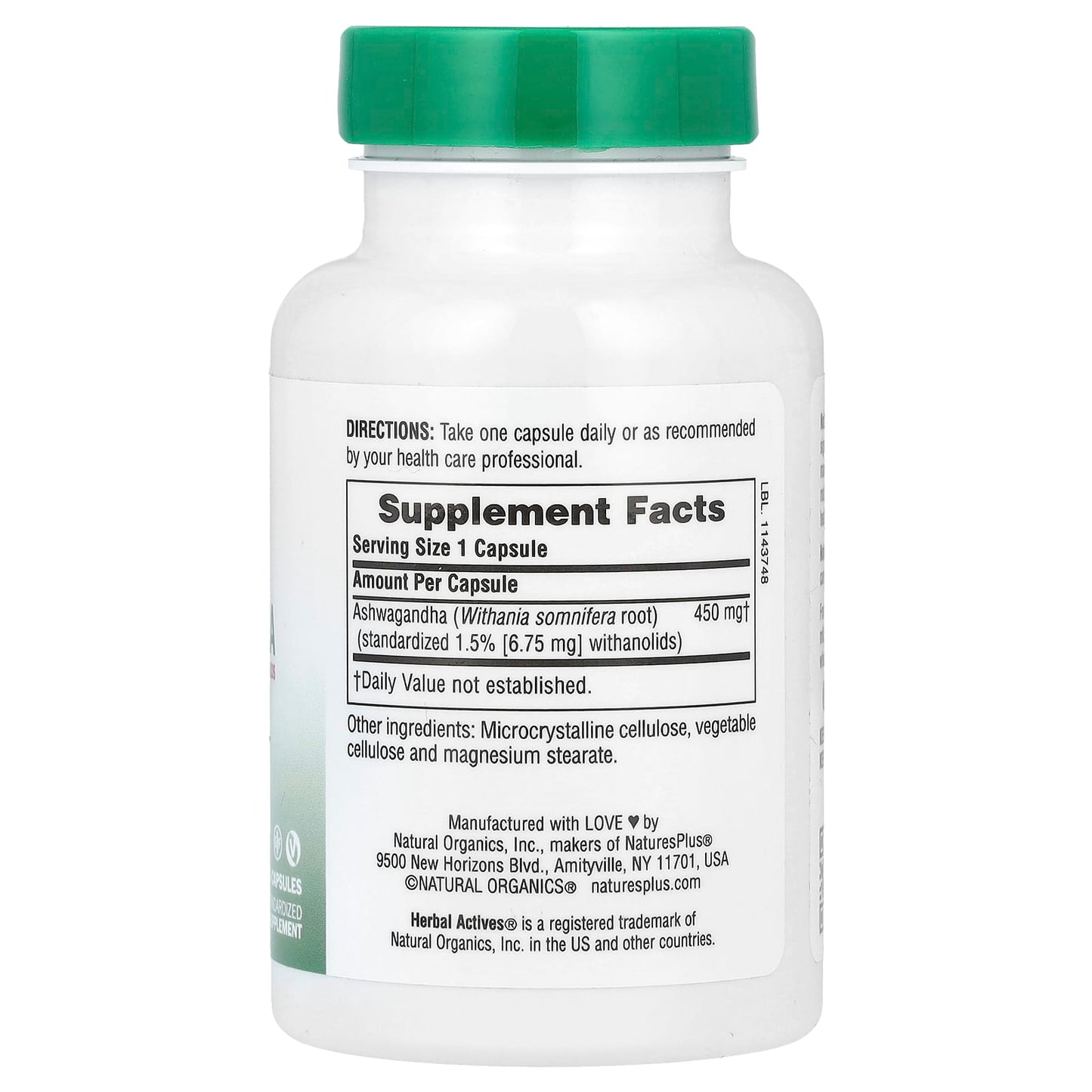 Nature's Plus, Ashwagandha 450 mg, 60 Vegetarian Capsules UPC 097467071087 | Hilife Vitamins
