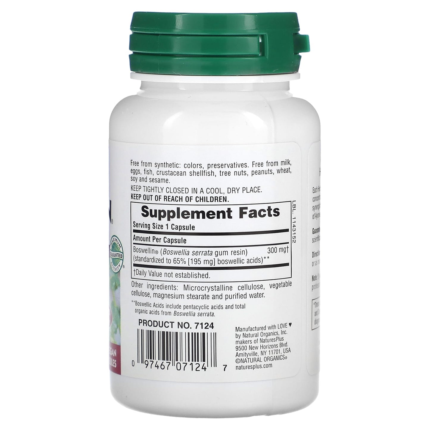 Nature's Plus, Herbal Actives, Boswellin, Extended Release, 300 mg, 60 Vegetarian Capsules UPC 097467071247 | Hilife Vitamins