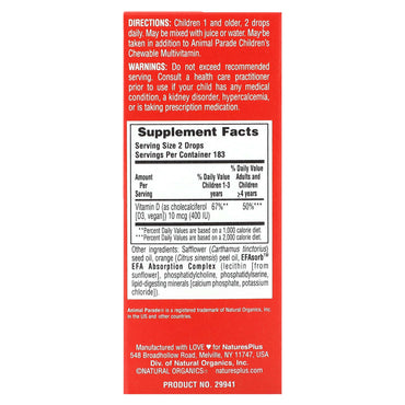 Nature’s Plus, Source of Life, Animal Parade, Vitamin D3 Liquid D, 10 Drops UPC 097467299412 | HiLife Vitamins