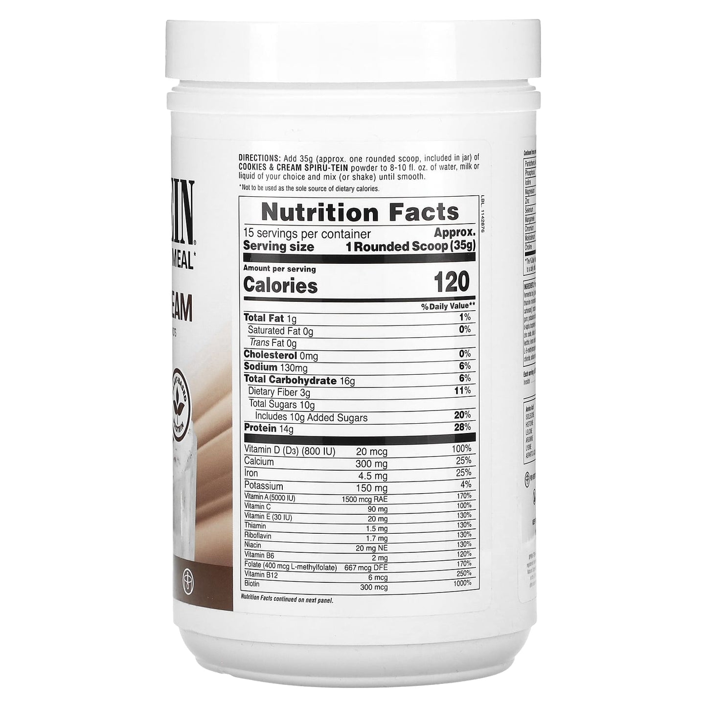 Nature's Plus, Spiru-Tein, Protein Powder Meal, Cookies & Cream, 1.15 Lbs (525g) Powder Mix UPC 097467458871