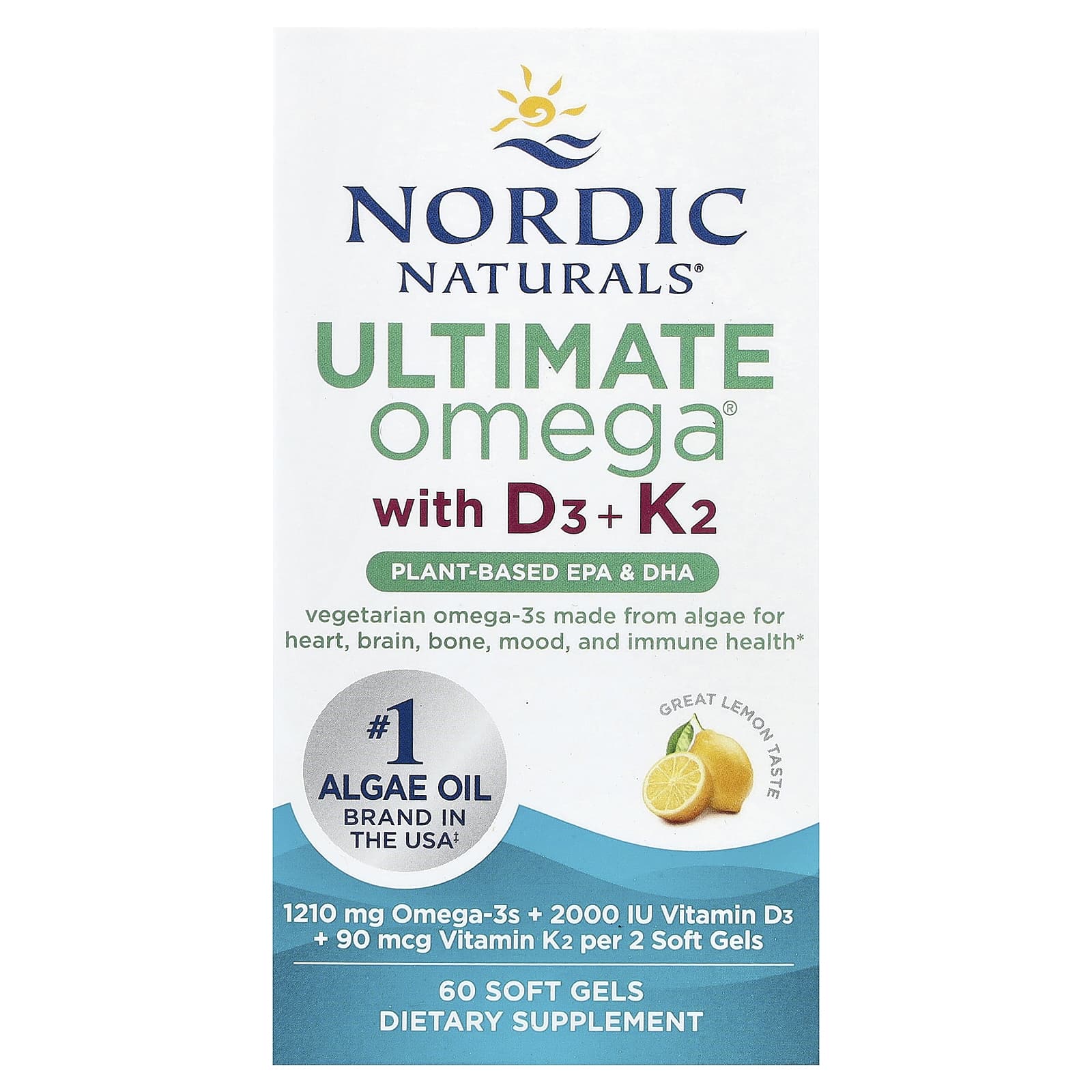 Nordic Naturals, Ultimate Omega®, Plant-Based With D3 + K2, Lemon, 60 Soft Gels UPC 768990016134 | HiLife Vitamins