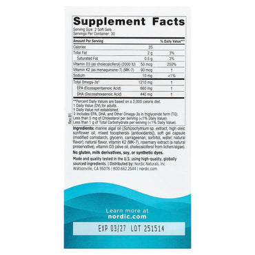 Nordic Naturals, Ultimate Omega®, Plant-Based With D3 + K2, Lemon, 60 Soft Gels UPC 768990016134 | HiLife Vitamins
