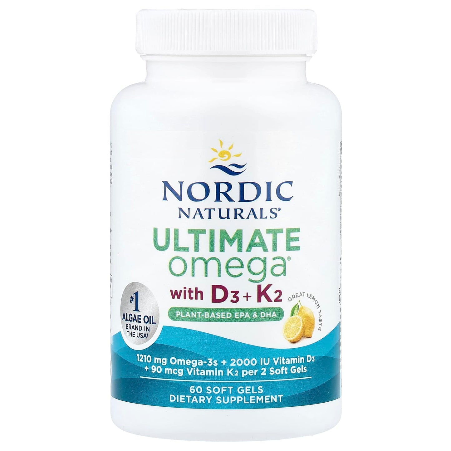 Nordic Naturals, Ultimate Omega®, Plant-Based With D3 + K2, Lemon, 60 Soft Gels UPC 768990016134 | HiLife Vitamins