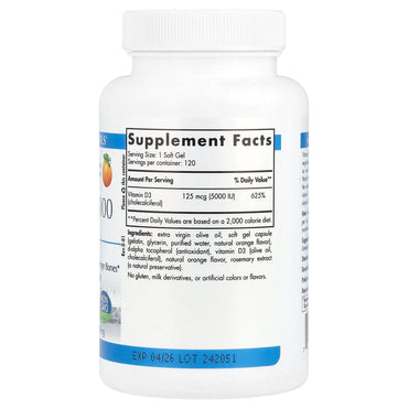 Nordic Naturals, Vitamin D3 5000, Orange, 5,000 IU, 120 Softgels UPC 768990016196 | HiLife Vitamins