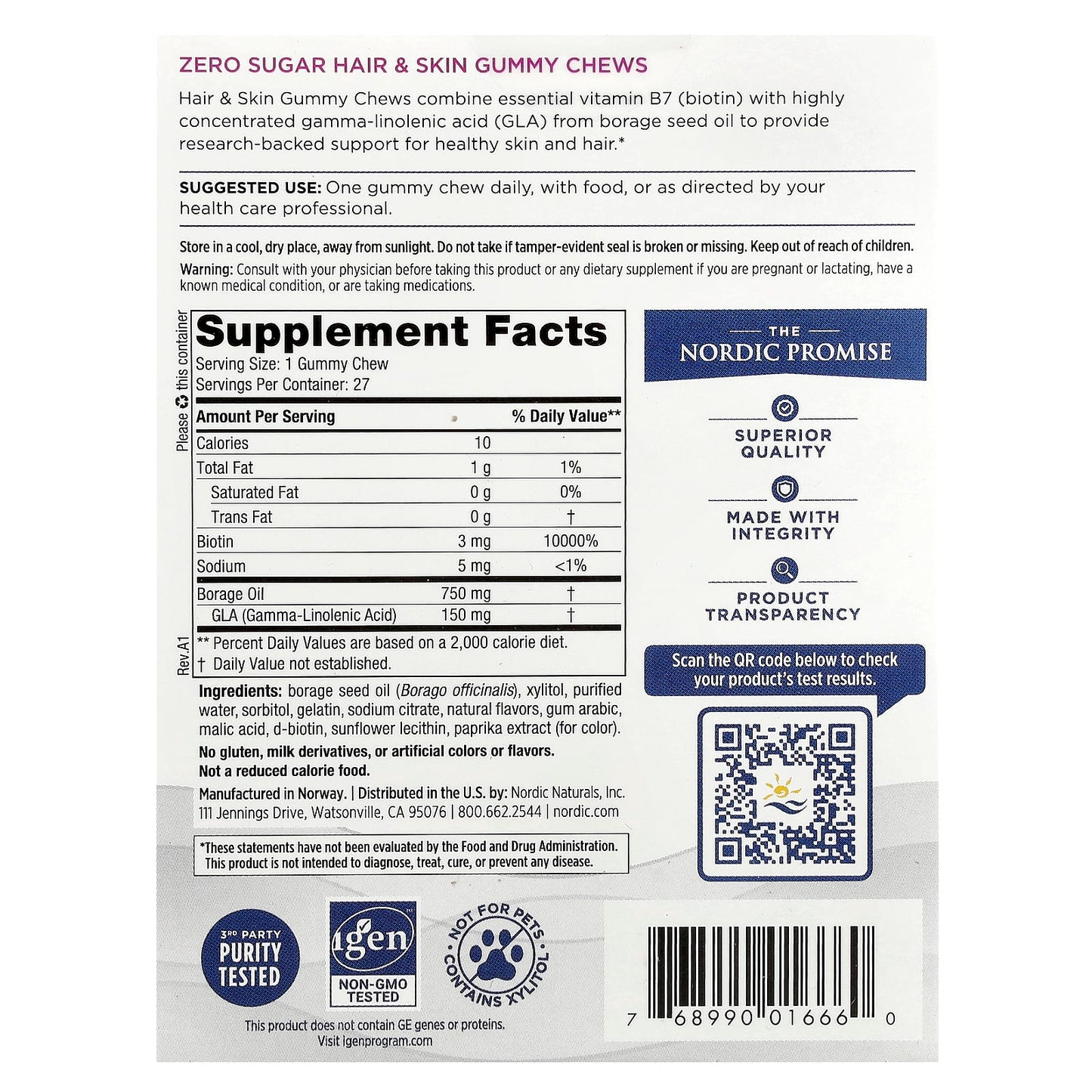 Nordic Naturals, Zero Sugar Hair and Skin Gummy Chews, 27 Gummy Chews UPC 768990016660 | HiLife Vitamins