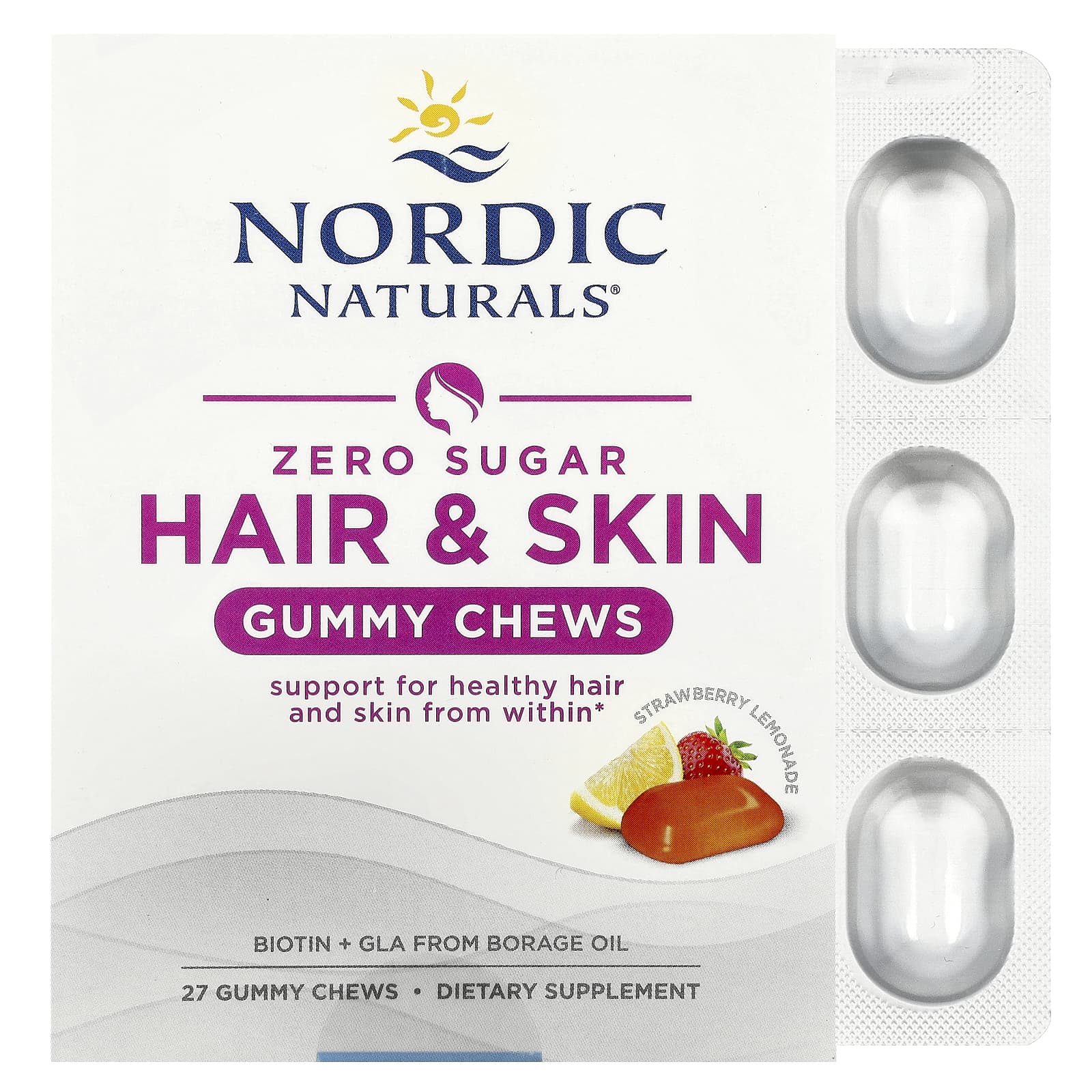 Nordic Naturals, Zero Sugar Hair and Skin Gummy Chews, 27 Gummy Chews UPC 768990016660 | HiLife Vitamins