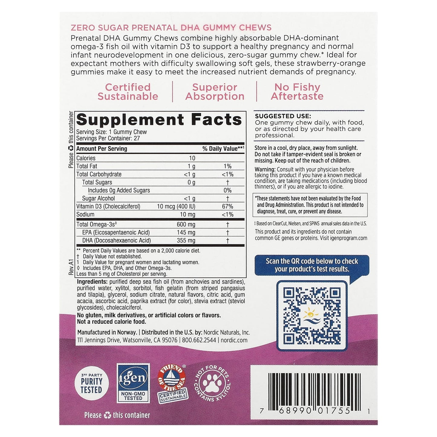 Nordic Naturals, Zero Sugar Prenatal DHA Gummy Chews, 27 Gummy Chews UPC 768990017551 | HiLife Vitamins
