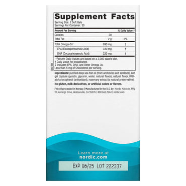 Nordic Naturals, Omega-3, Lemon, 690 mg, 60 Softgels UPC 768990017605 | HiLife Vitamins