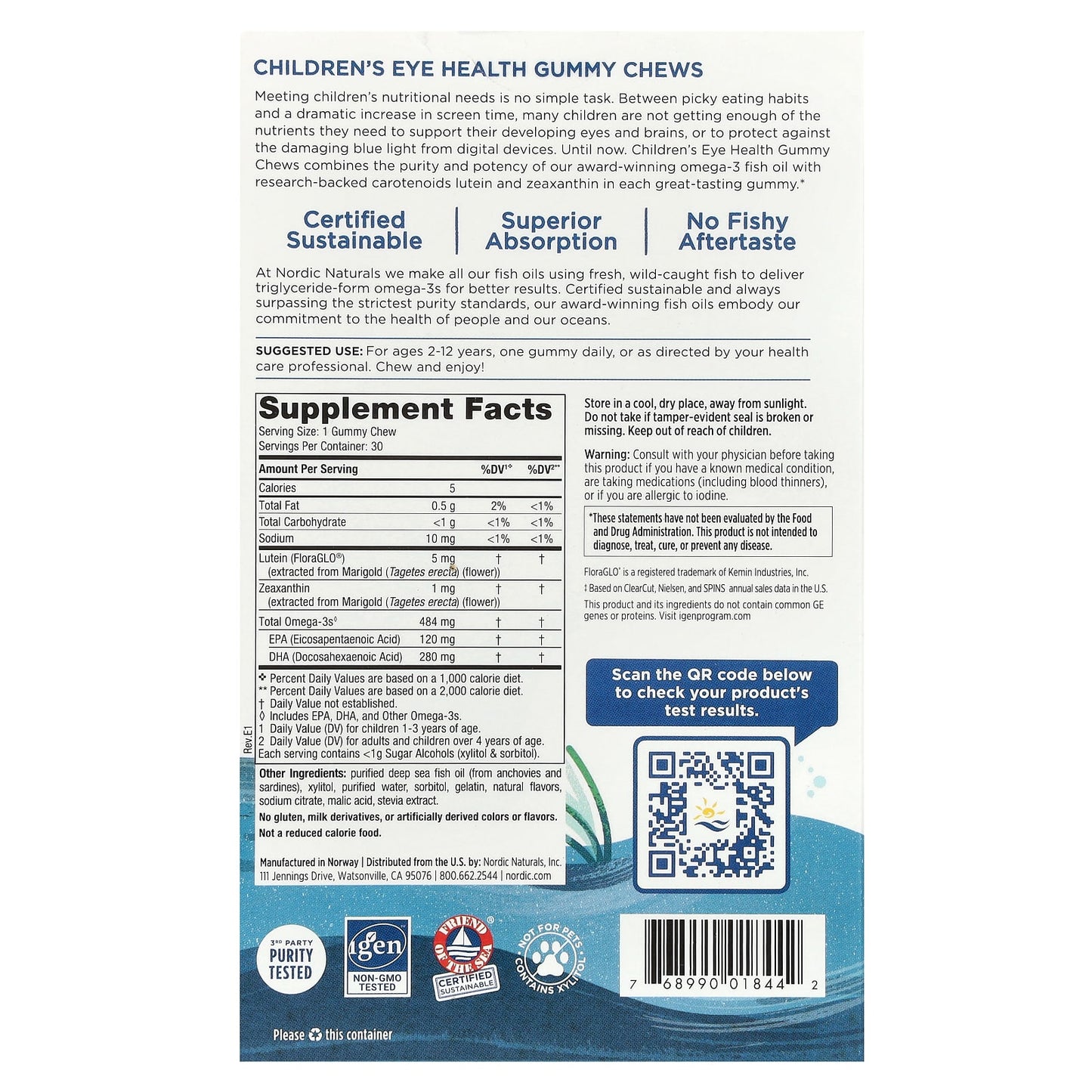 Nordic Naturals, Zero Sugar Children's Eye Health Gummy Chews, 30 Chews UPC 768990018442 | HiLife Vitamins