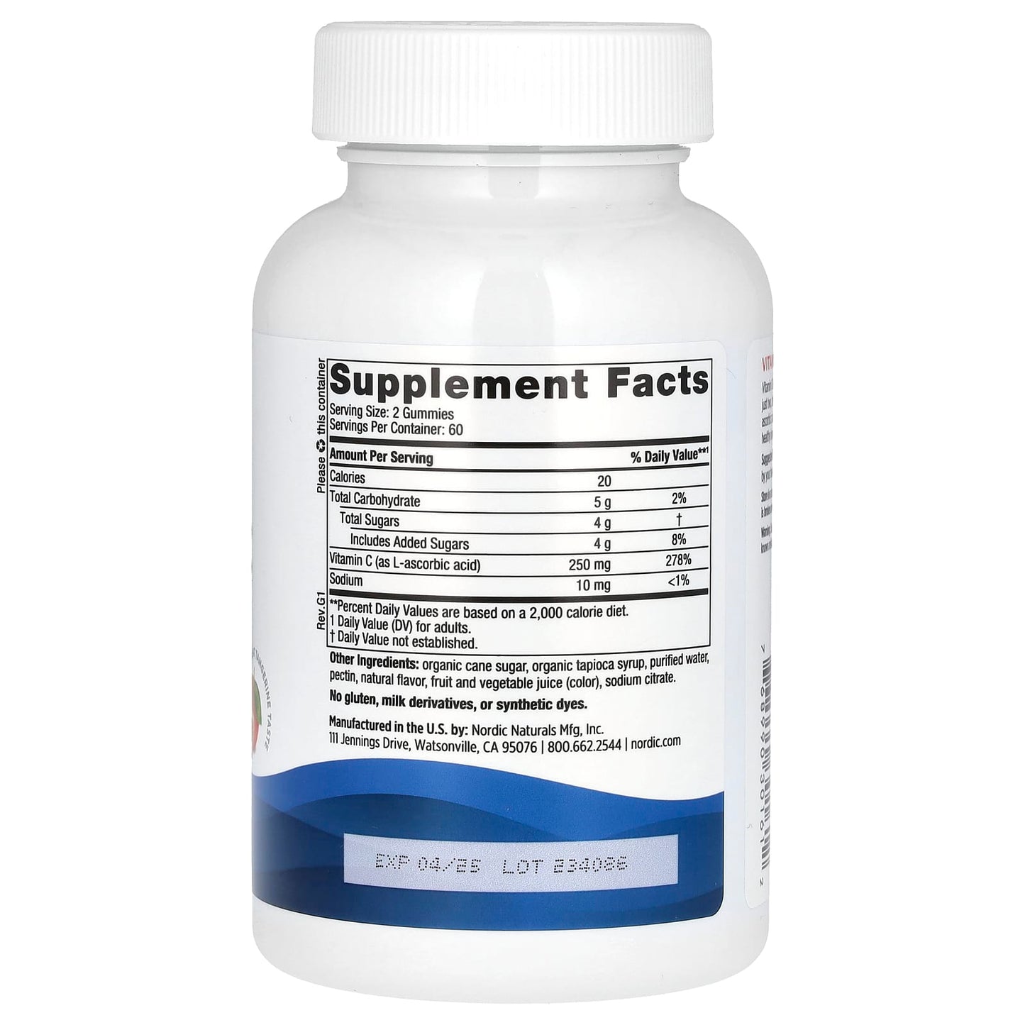 Nordic Naturals, Vitamin C Gummies, Great Tangerine, 250 mg, 120 Gummies UPC 768990301612 | HiLife Vitamins