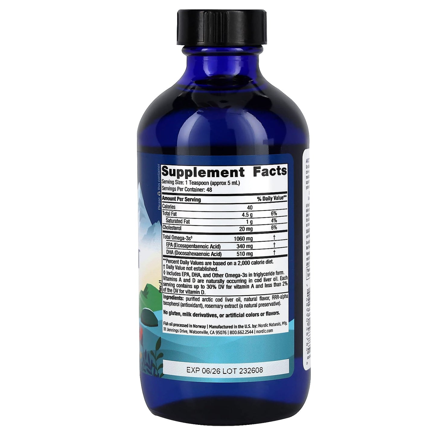 Nordic Naturals, Arctic Cod Liver Oil, Lemon, 1,060 mg, 8 fl oz (237 ml) UPC 768990587856 | HiLife Vitamins