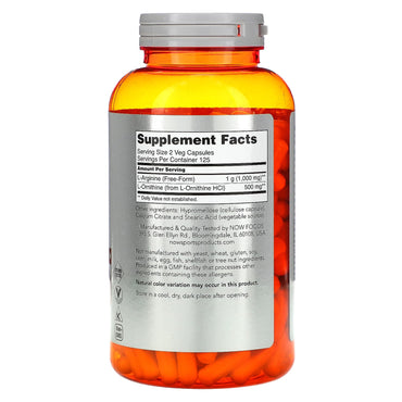 Now Foods, Arginine/Ornithine, 250 Capsules UPC 733739000422 | HiLife Vitamins
