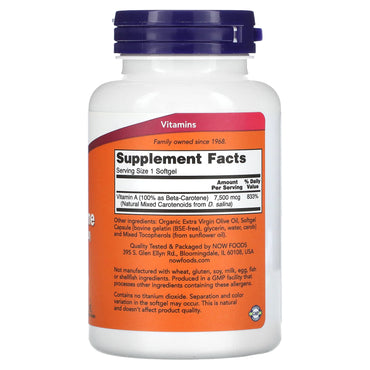 Now Foods, Nat Beta Carotene 25,000, 180 Softgels UPC 733739003225 | HiLife Vitamins