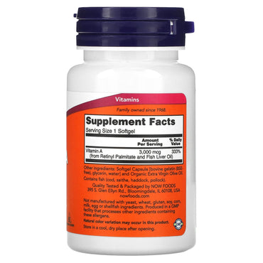 Now Foods, Vitamin A 10,000 IU, 100 Softgels UPC 733739003300 | HiLife Vitamins