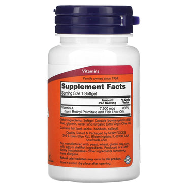 Now Foods, Vitamin A, 7,500 mcg (25,000 IU), 100 Softgels UPC 733739003409 | HiLife Vitamins