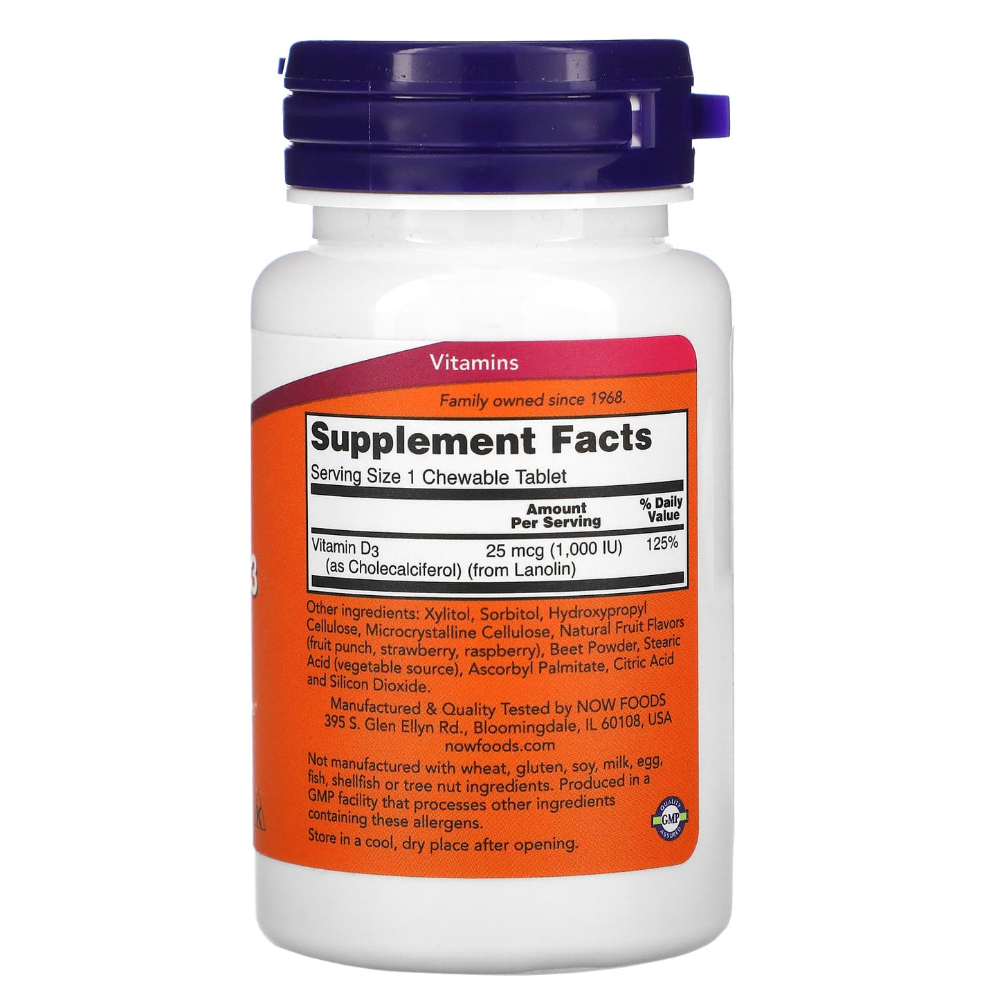 Now Foods, Chewable D-3 1000 IU Fruit Flavor, 180 Lozenges UPC 733739003577 | HiLife Vitamins