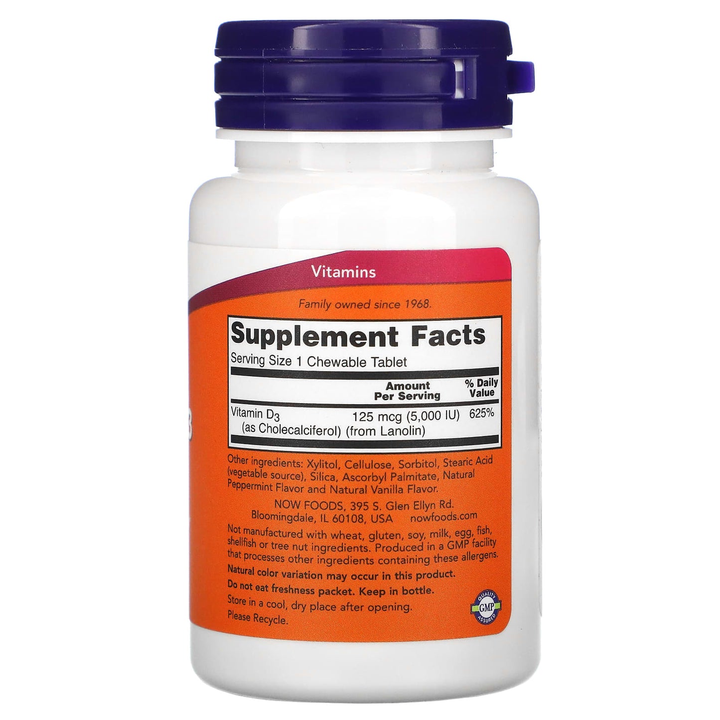 Now Foods, Chewable D-3 5000 IU Mint Flavor, 120 Lozenges UPC 733739003584 | HiLife Vitamins
