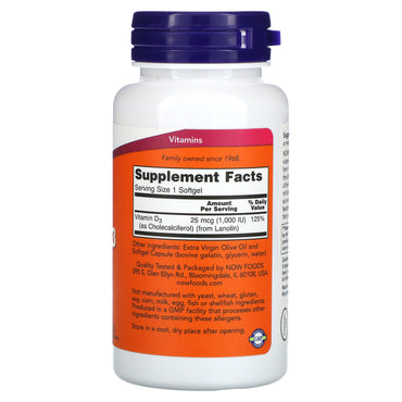 Now Foods, D-3 1000 IU, 180 Softgels UPC 733739003652 | HiLife Vitamins