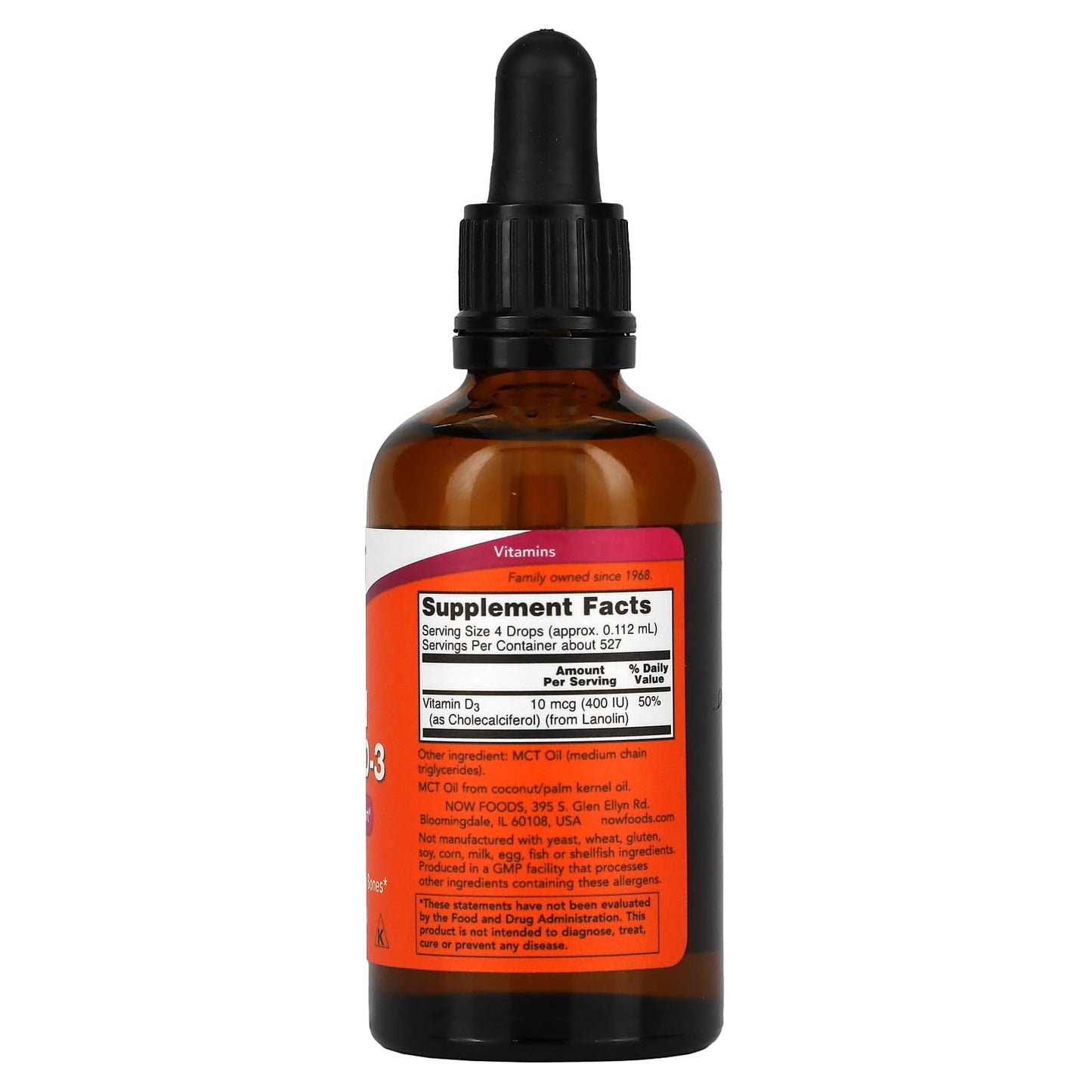 Now Foods, D-3 Liquid 400 IU Per 4 Drops, 2 Fl Oz UPC 733739003706 | HiLife Vitamins