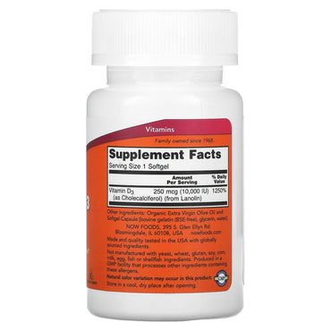 Now Foods, VITAMIN-D3 10,000 IU, 120 Softgels UPC 733739003768 | HiLife Vitamins