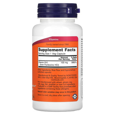 Now Foods, B-6, 100 mg, 100 Capsules UPC 733739004567 | Hilife Vitamins