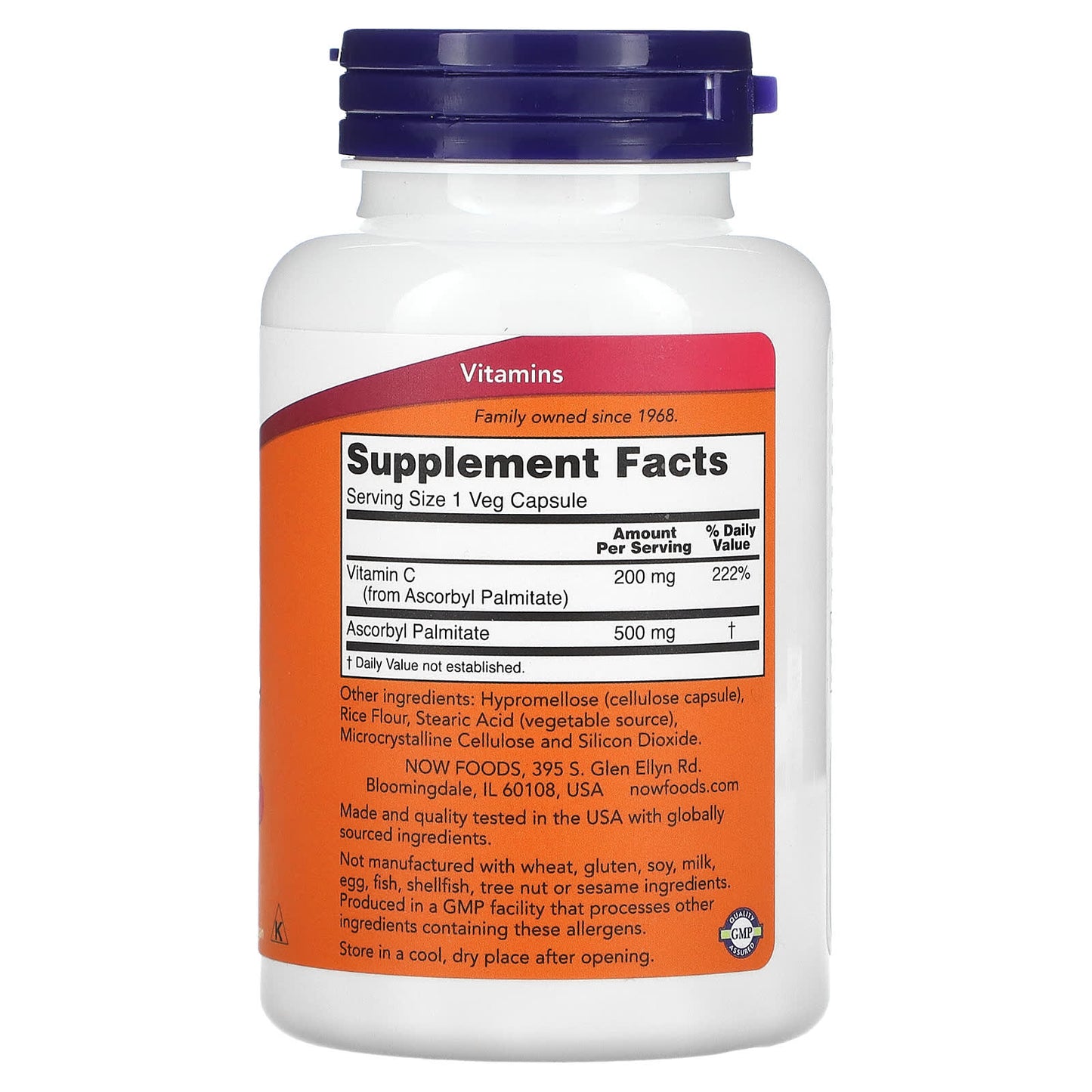 Now Foods, Ascorbyl Palmitate 500 mg, 100 Veg Capsules UPC 733739006080 | HiLife Vitamins
